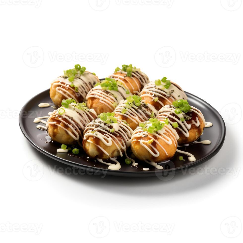 Food photography of takoyaki on plate isolated on white background. photo