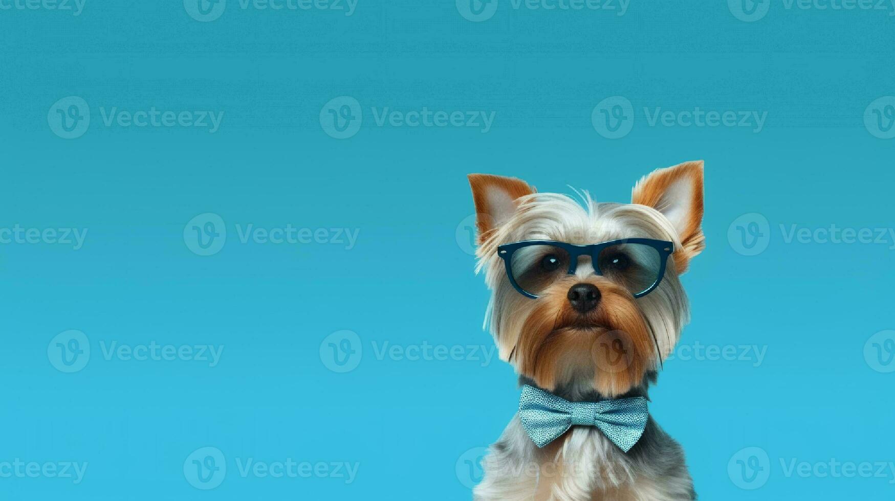Photo of haughty yorkshire terrier using sunglasses  and office suit on white background