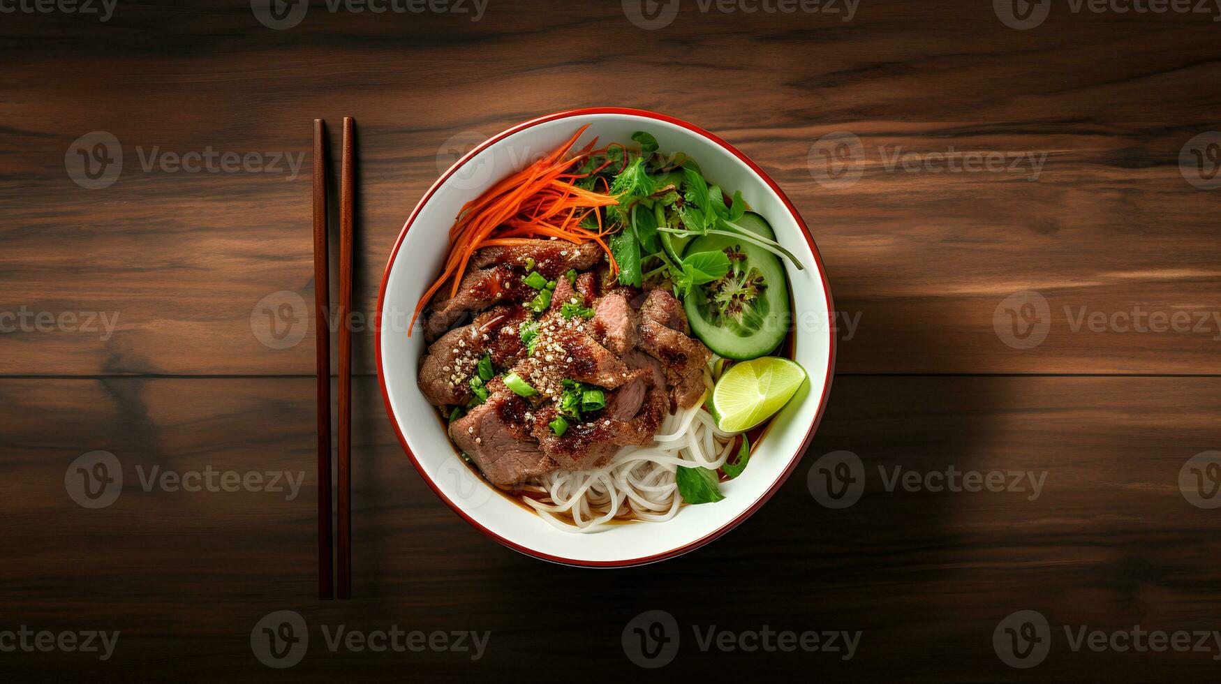 Food photography of pho on wood table. Generative AI photo