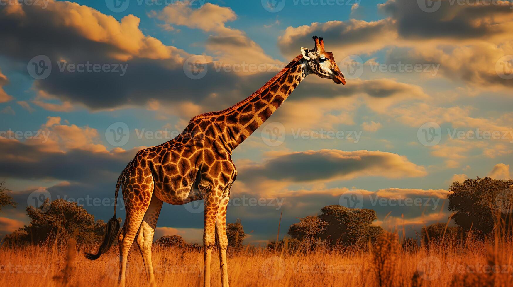 Photo of giraffe on savanna at sunset.
