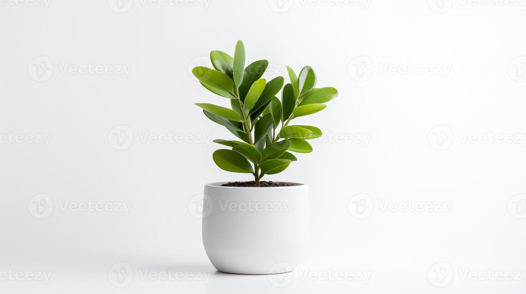 Photo of Zamioculcas zamiifolia in minimalist pot as houseplant for home decoration isolated on white background.
