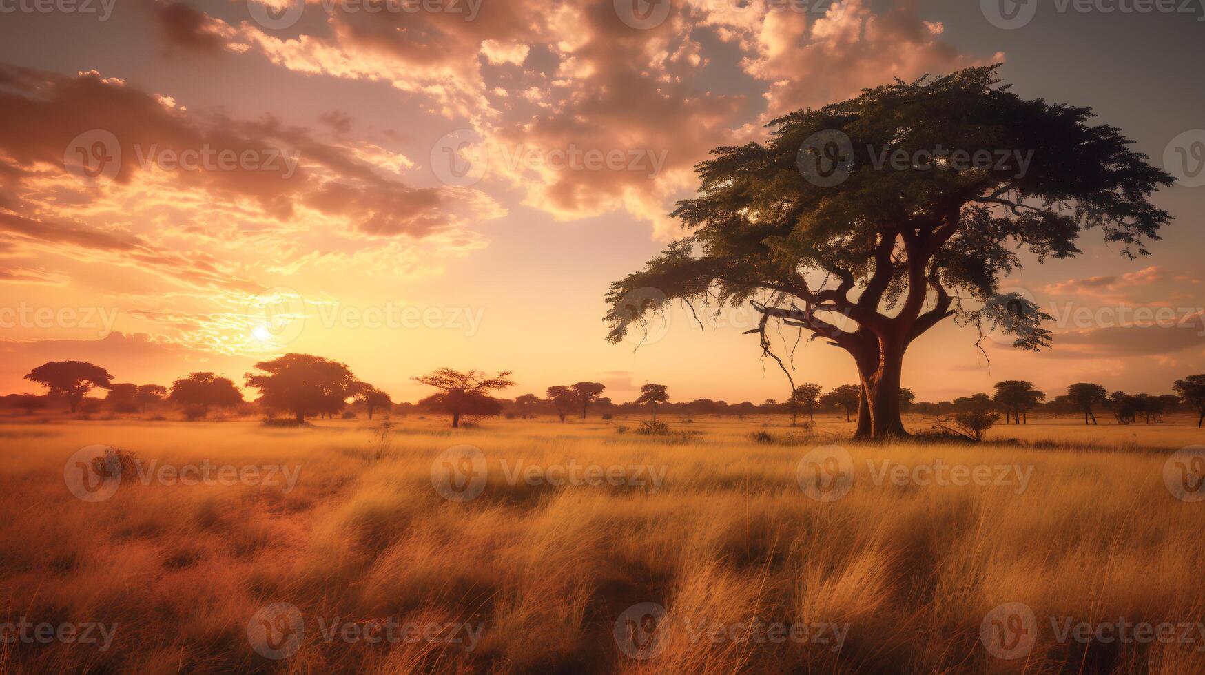 Photo of savanna at sunset. Generative AI