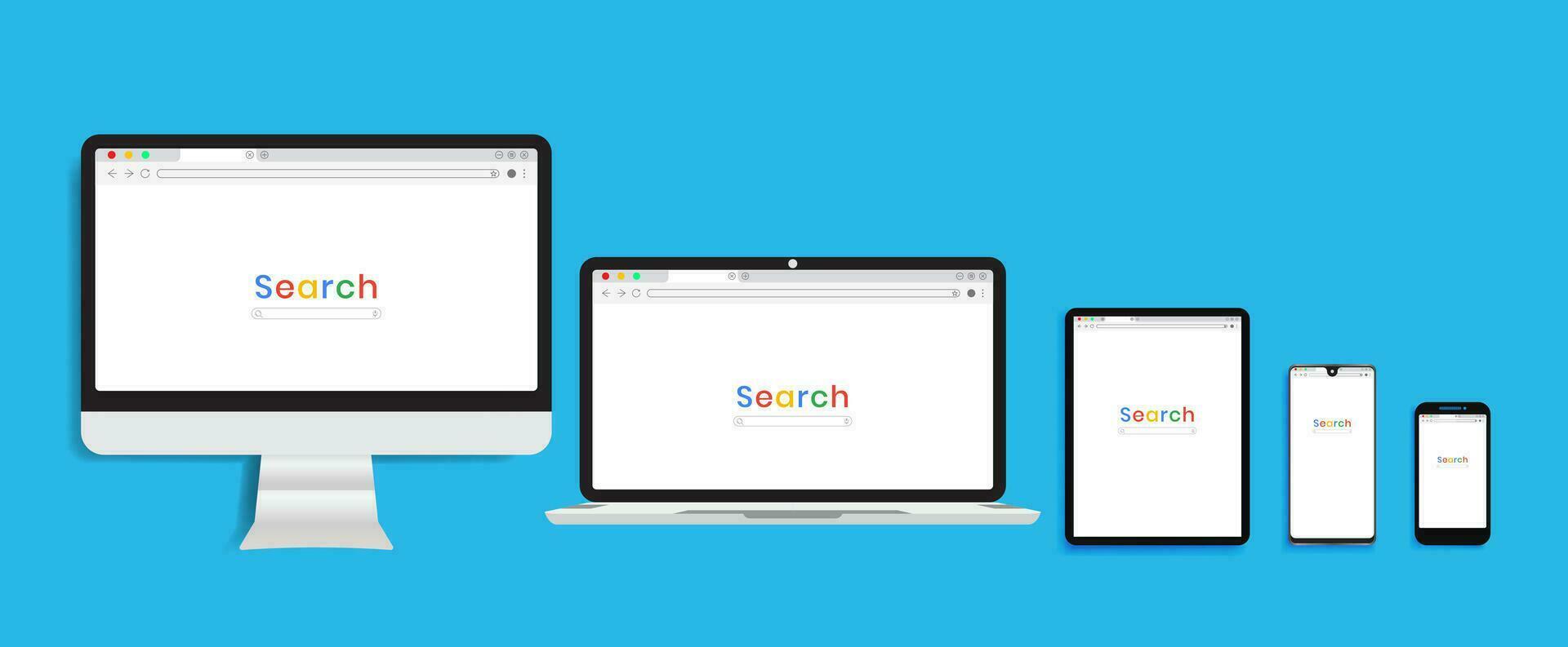 Three Browser window and Search bar, Browser in flat style for website vector