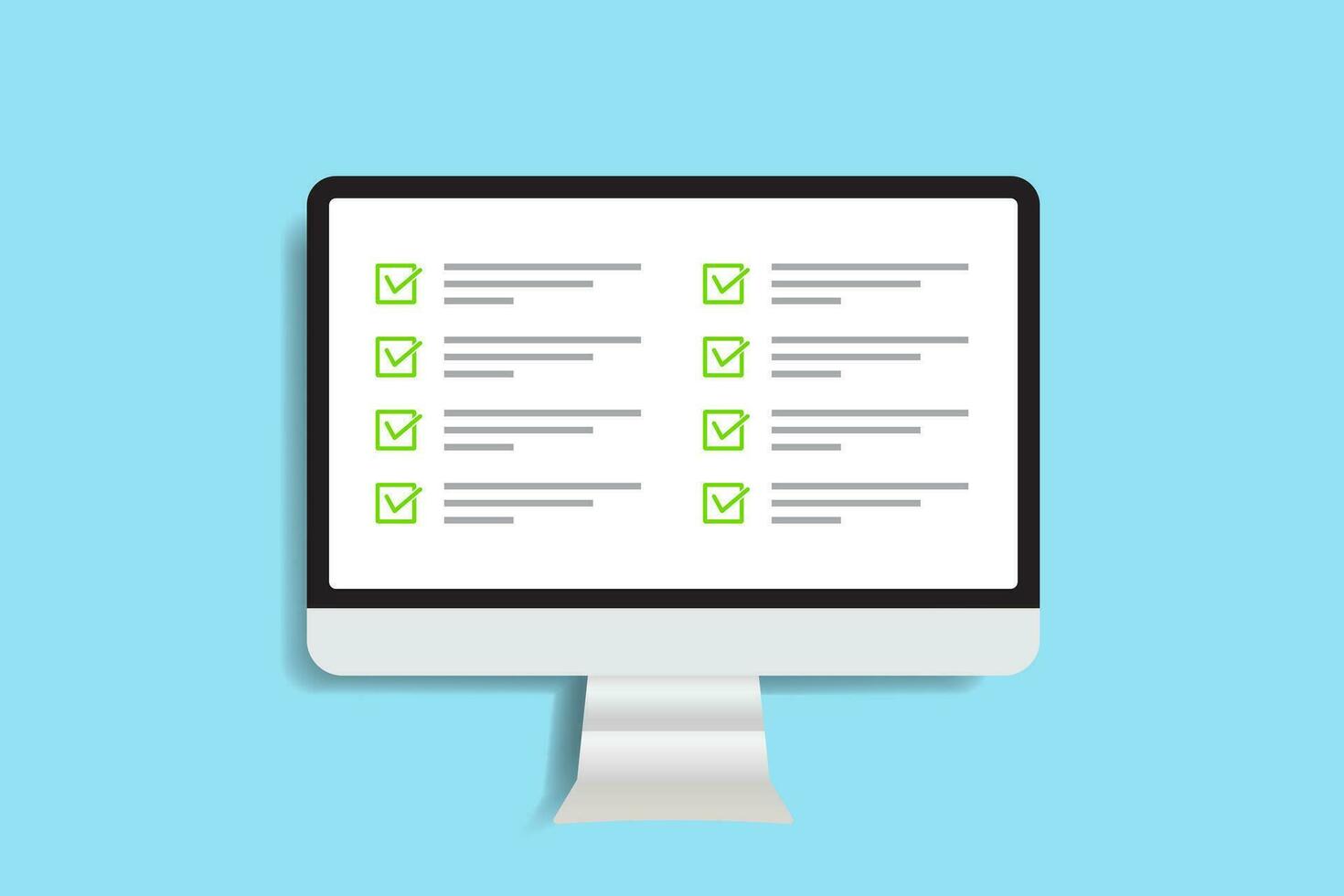Computer monitor icon in a trendy flat style with a data checklist. Questions concept for the test check box. Notebook screen. Vector illustration element.
