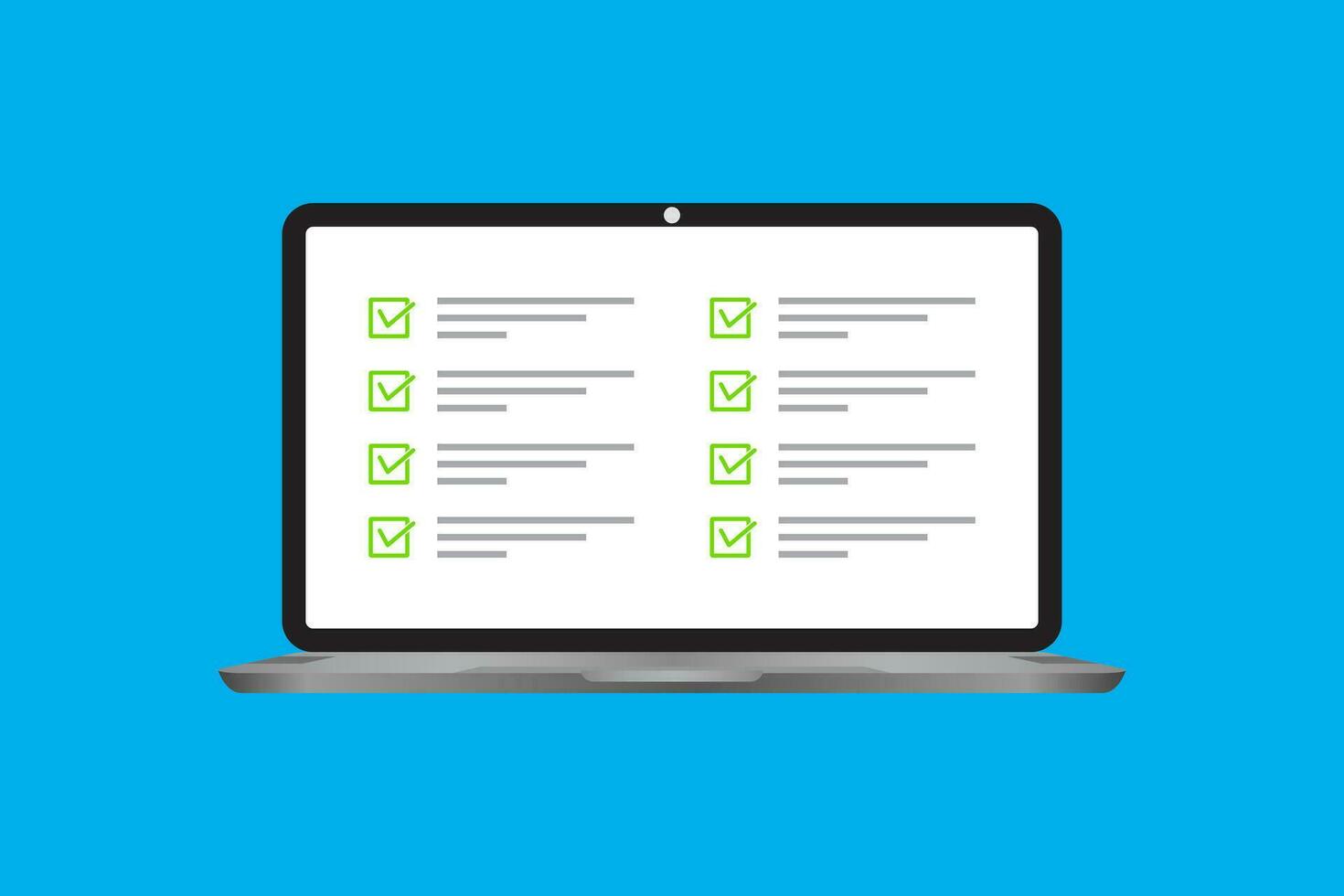 Laptop icon in a trendy flat style with a data checklist. Questions concept for the test check box. Notebook screen. Vector illustration element.