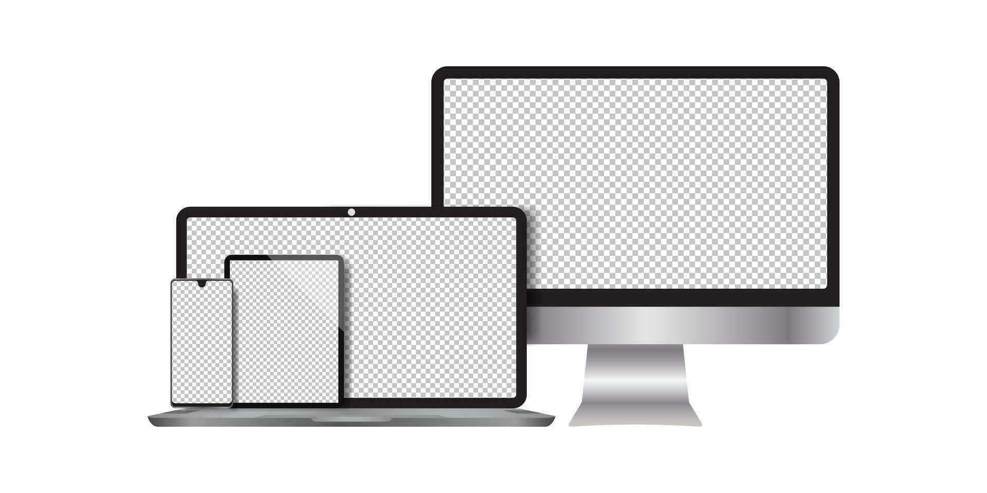 realista ordenadores, portátiles, tabletas, teléfono inteligente monitores con un blanco antecedentes vector