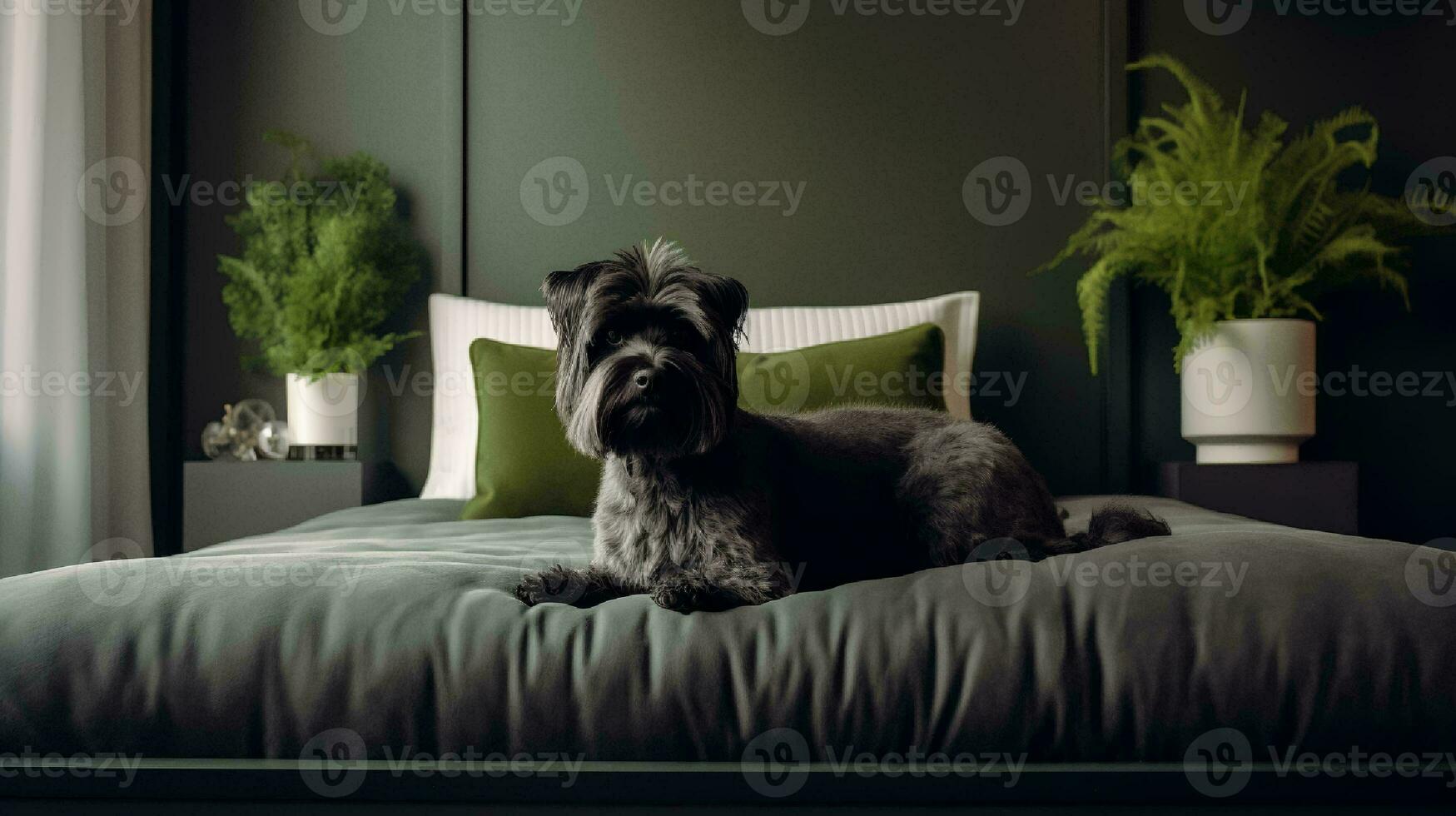 Affenpinscher dog lying on bed in hotel with contemporary interior design. Generative AI photo