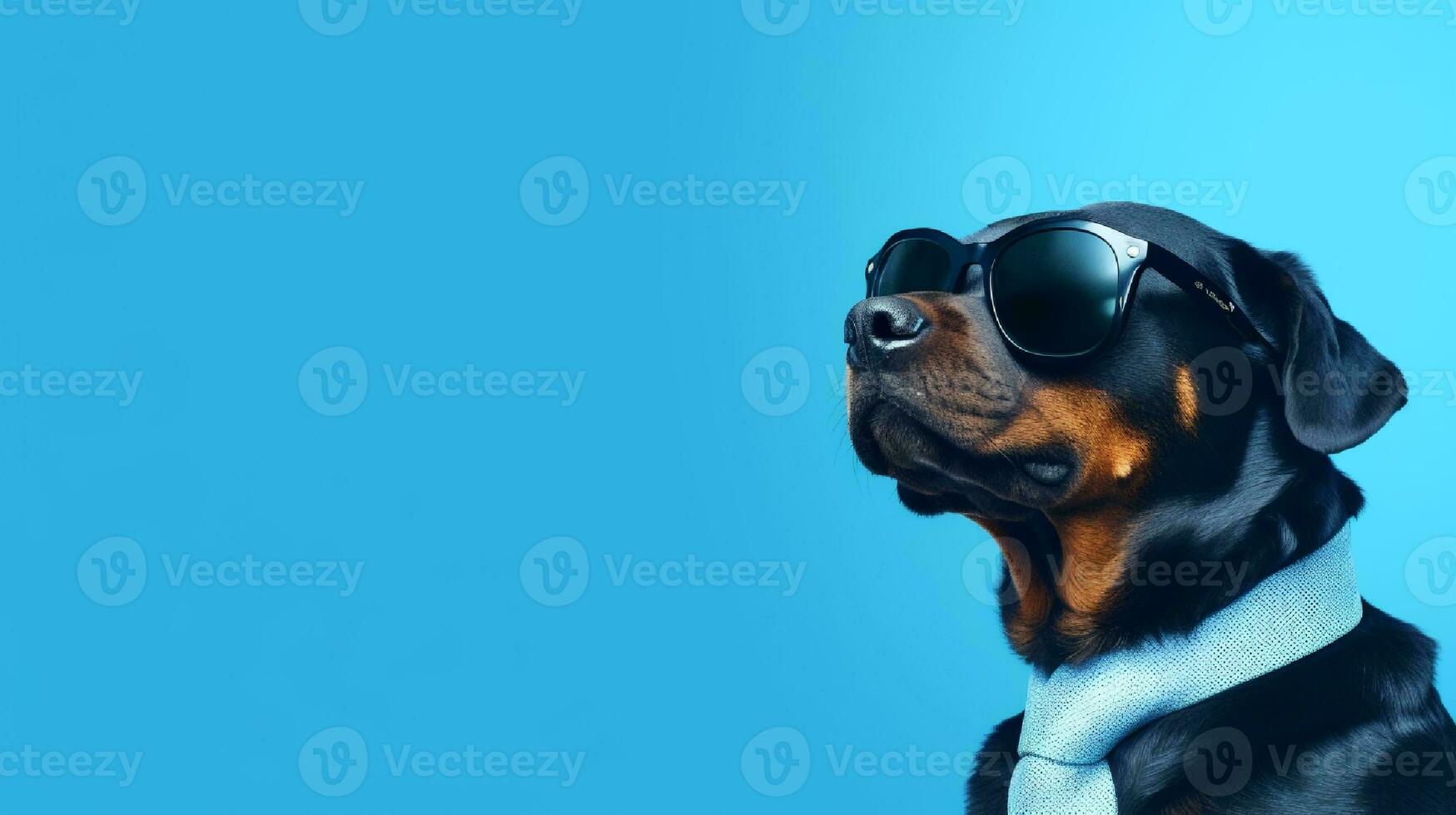 Photo of haughty Rottweiler dog using sunglasses  and office suit on white background. Generative AI