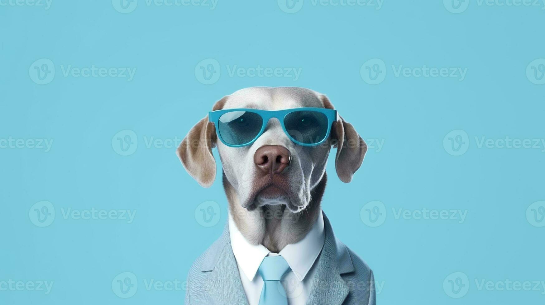 foto de arrogante dorado perdiguero perro utilizando Gafas de sol y oficina traje en blanco antecedentes. generativo ai