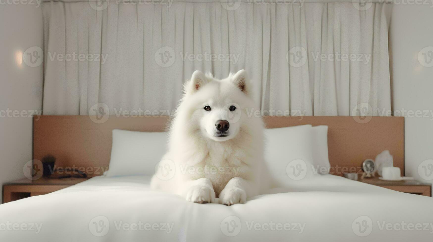 Samoyedo perro acostado en cama en hotel con contemporáneo interior diseño. generativo ai foto