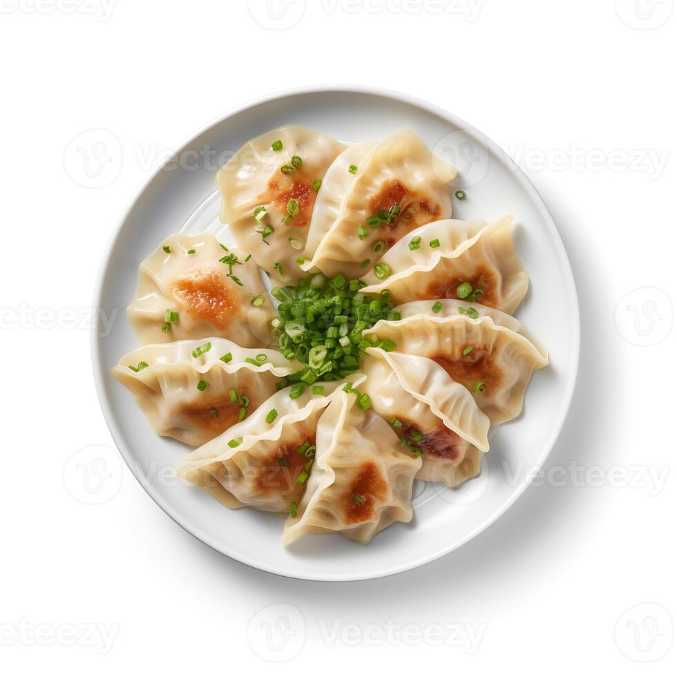 Photo of Gyoza on plate isolated on white background. Created by Generative AI