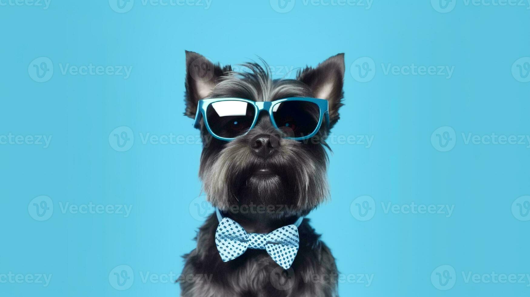 Photo of haughty Affenpinscher dog using glasses  and office suit on blue background