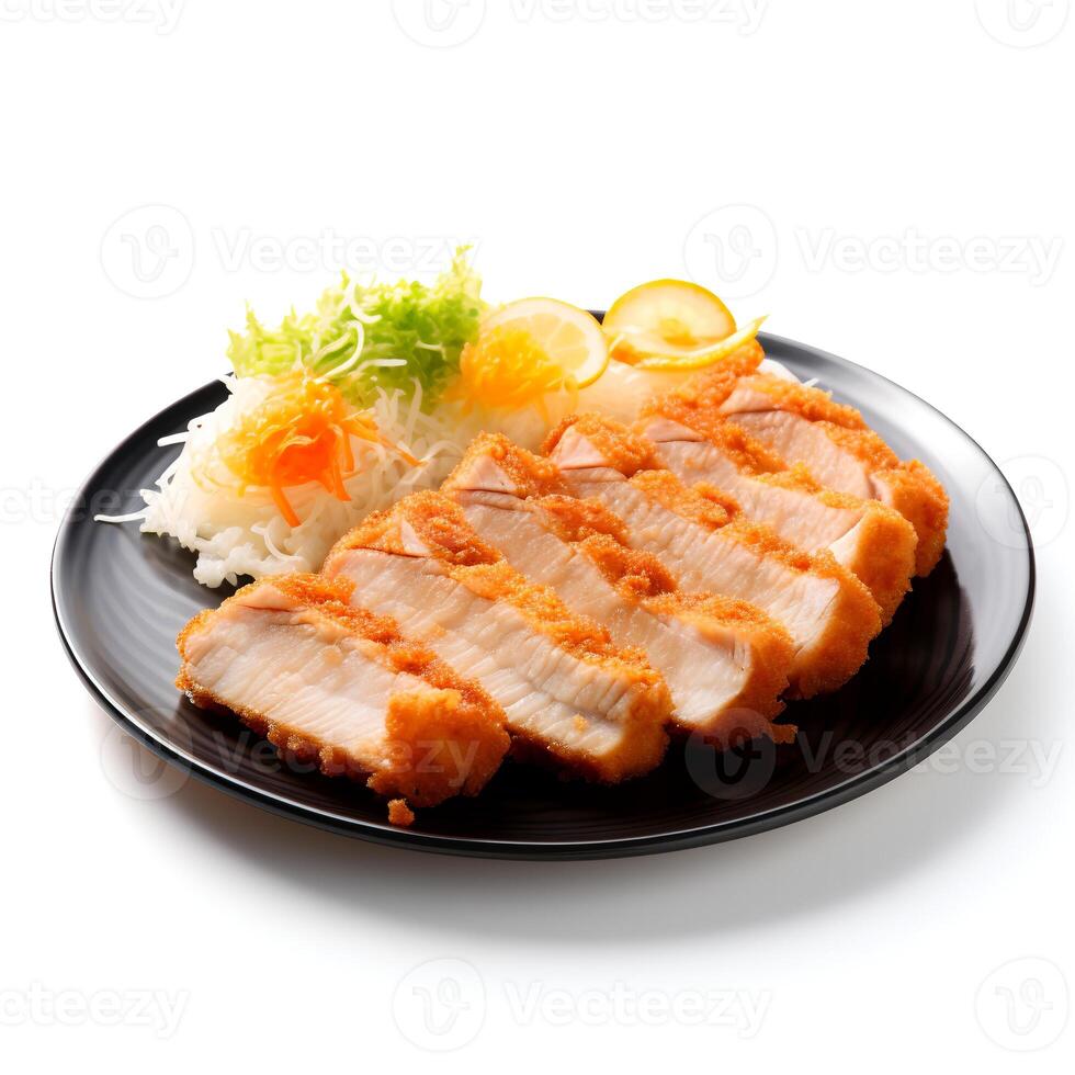 Food photography of Tonkatsu on black plate isolated on white background. photo