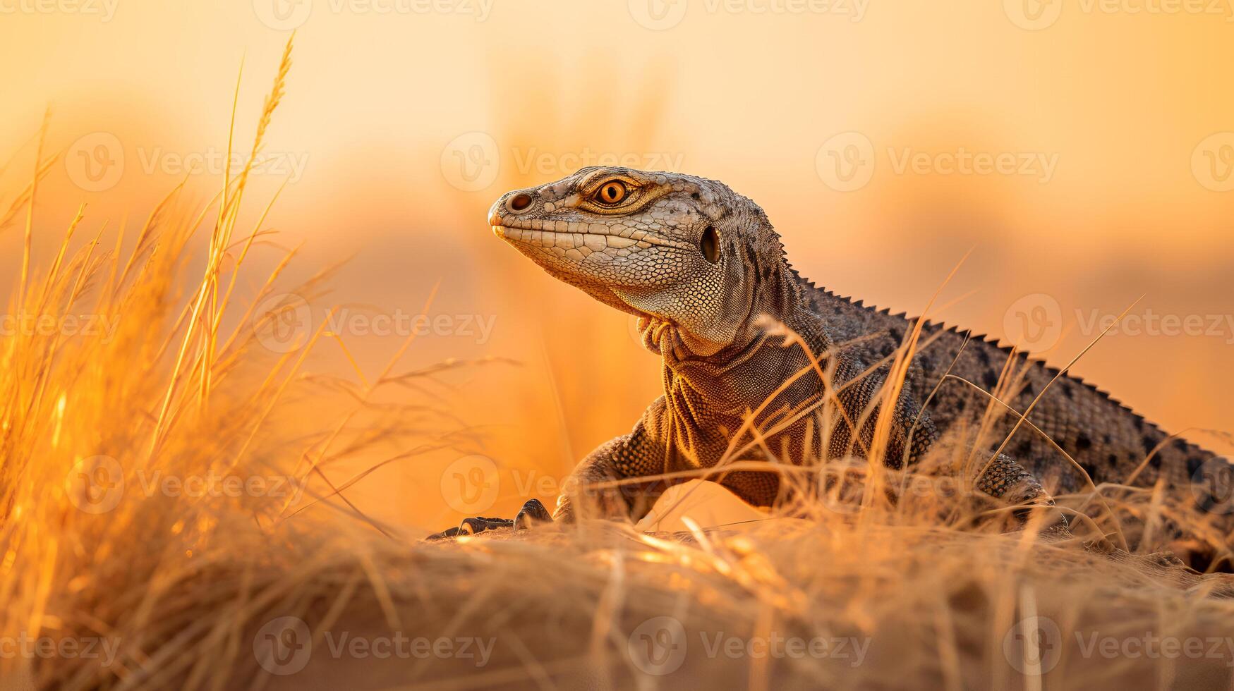 Photo of Nile Monitor on savanna at sunset.
