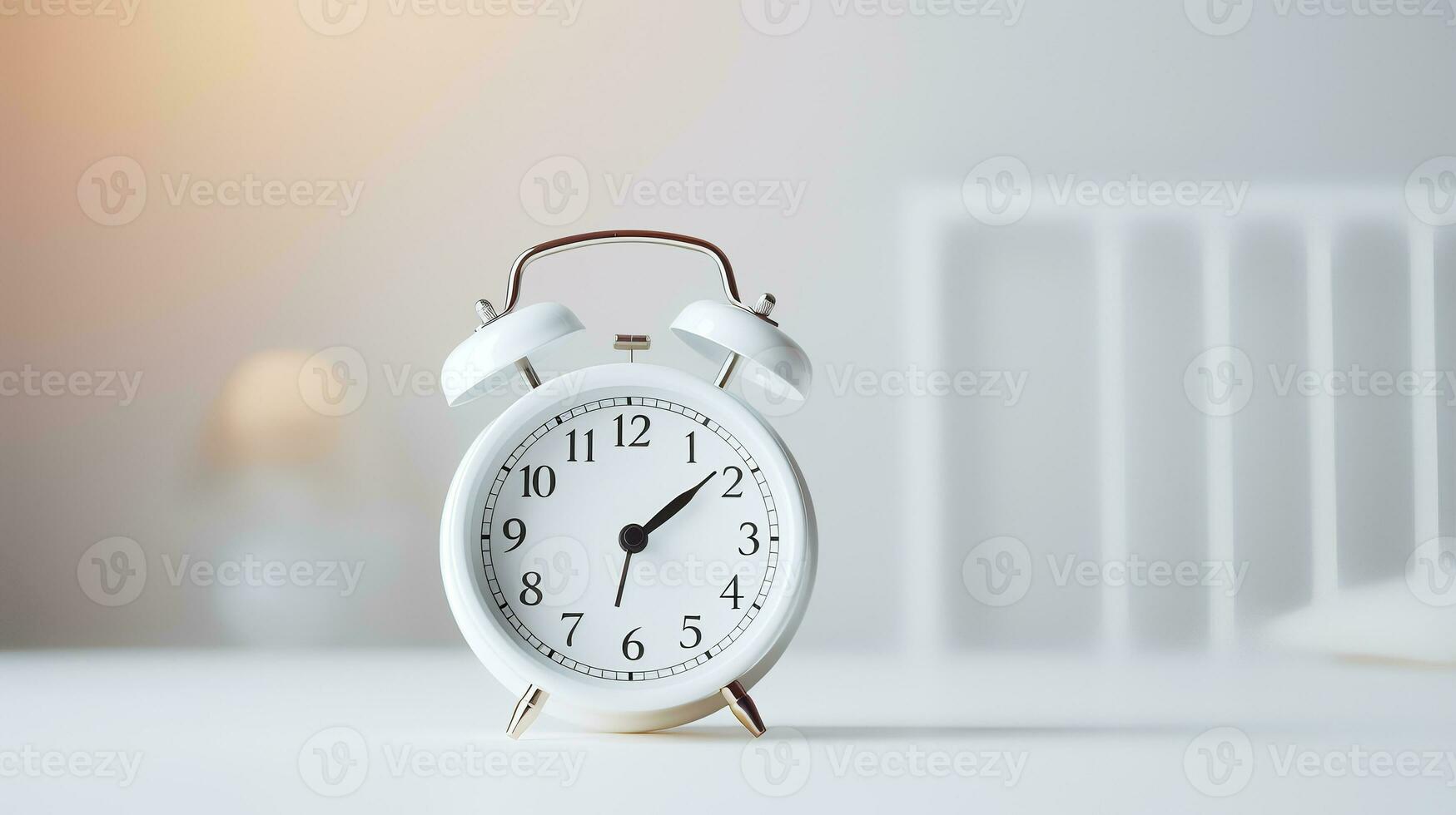 Photo of Minimalis alarm clock on white table isolated on blurry background