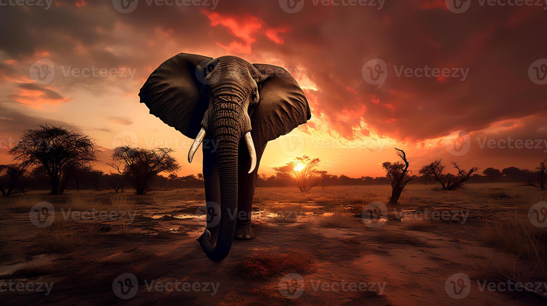 Photo of African Elephant on savanna at sunset.