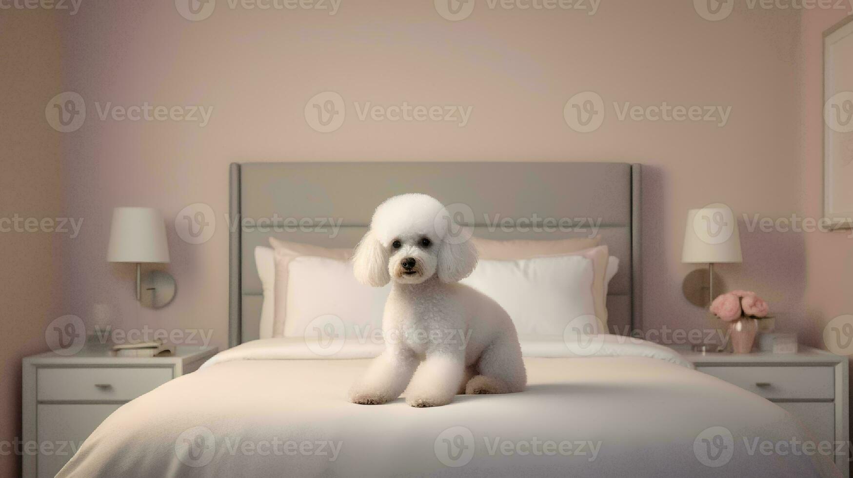 Poodle dog lying on bed in hotel with contemporary interior design. Generative AI photo