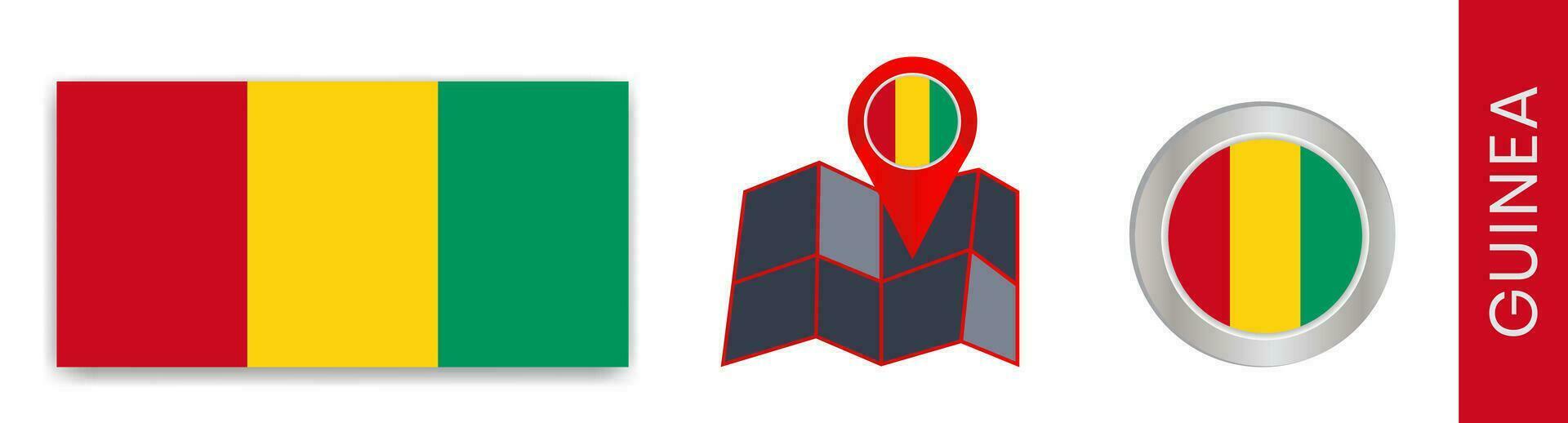 Guinea's national flag collection isolated in official colors and a map icon of Guinea with a country flag. vector