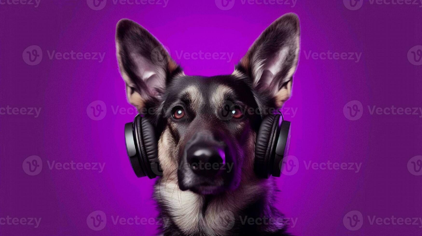 Photo of german shepherd using headphone  on purple background. Generative AI