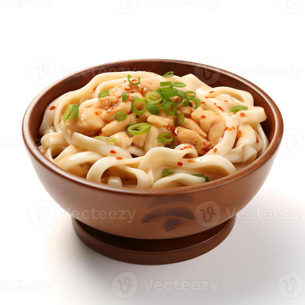 Food photography of Udon on brown bowl isolated on white background. photo