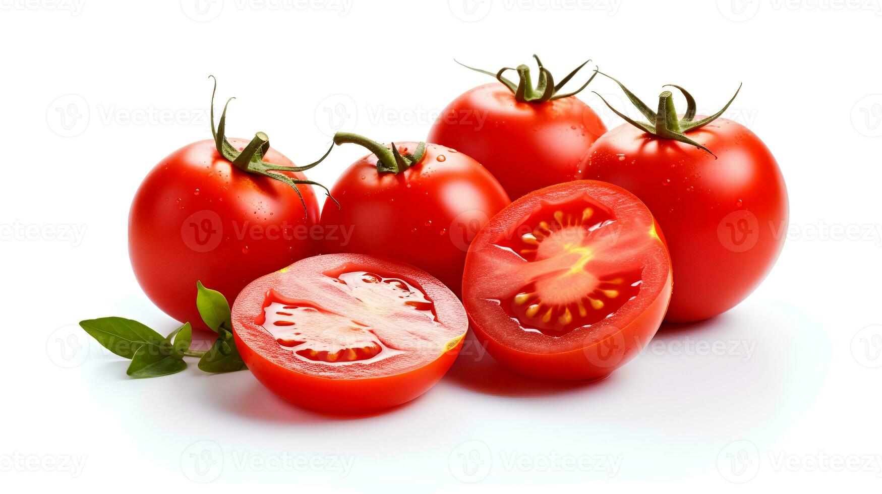 Photo of Tomatoes and slice of tomato isolated on white background