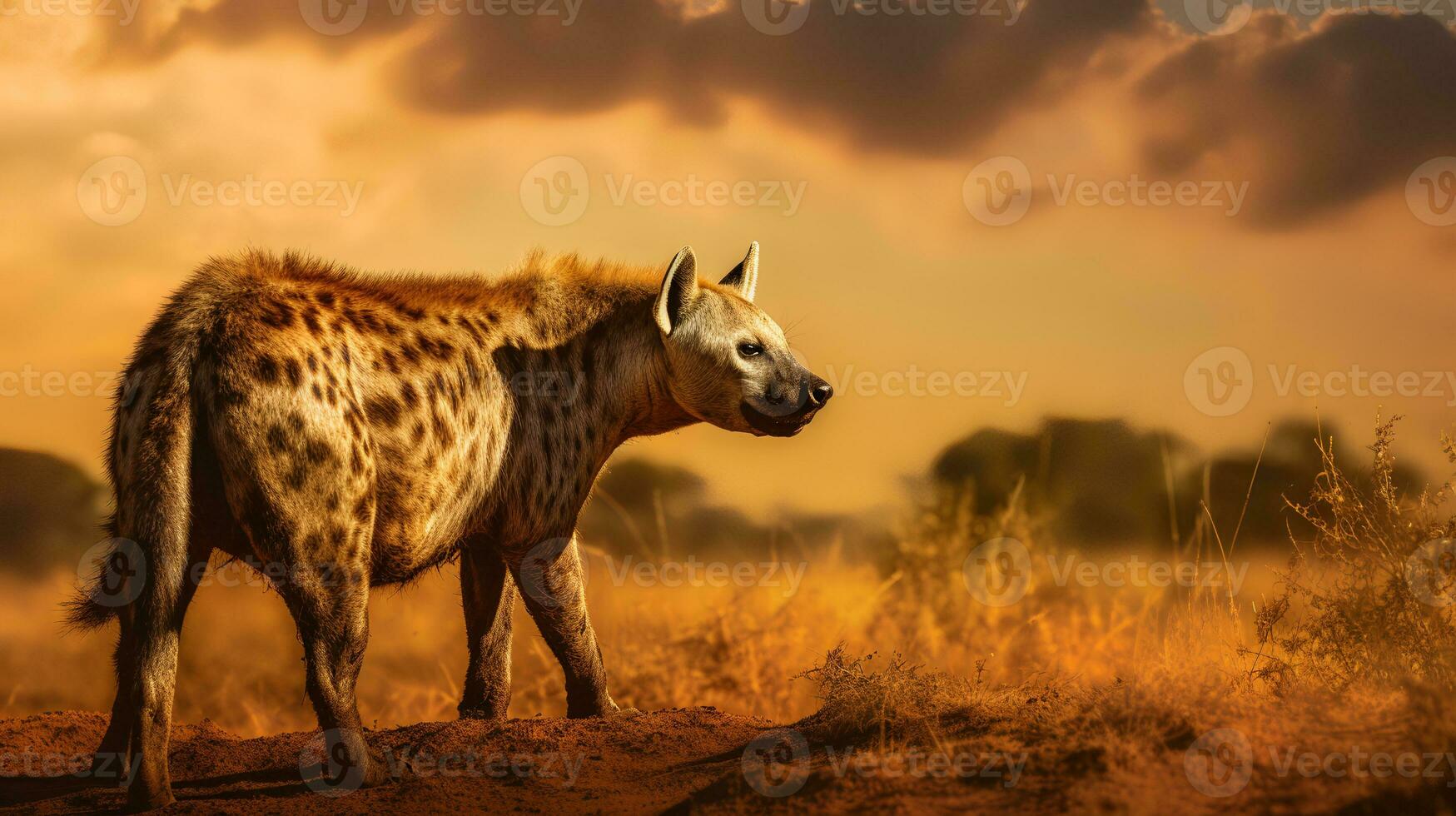 Photo of Hyena on savanna at sunset. Generative AI