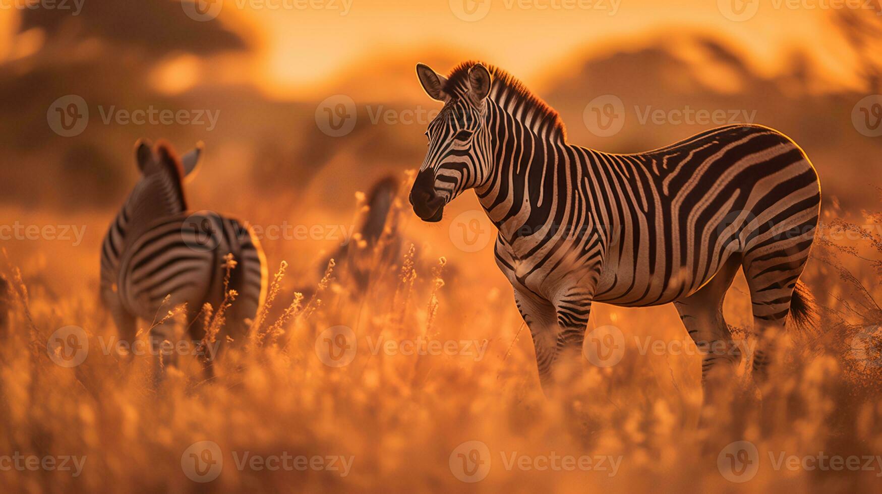 Photo of zebra on savanna at sunset. Generative AI