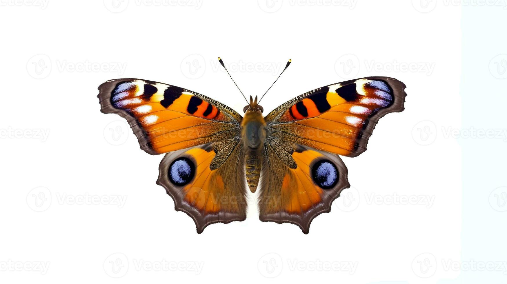 Photo of a peacock butterly on white background. Generative AI
