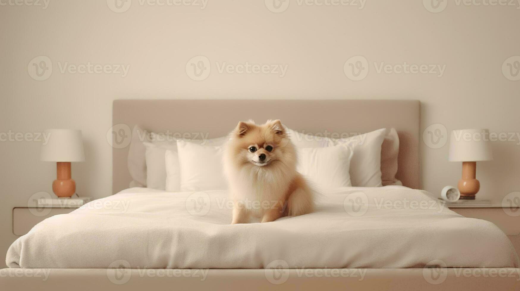 Pomeranian dog lying on bed in hotel with contemporary interior design. Generative AI photo