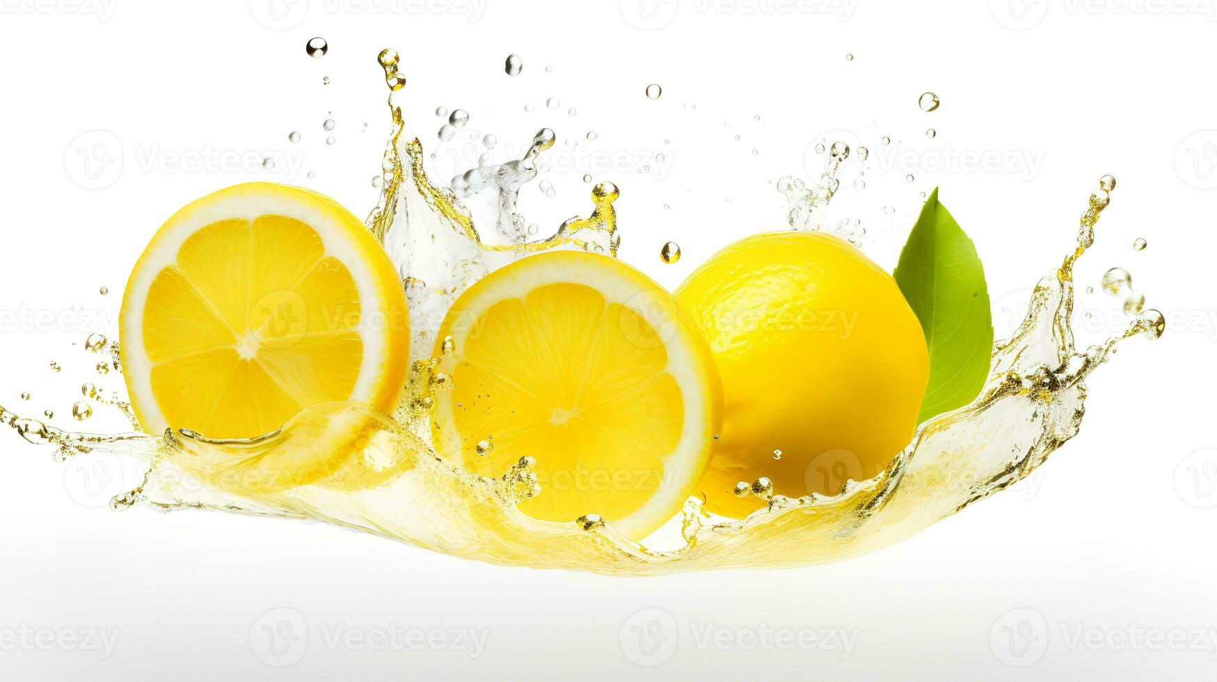 Photo of Fresh Lemon Slices with Water Splashes isolated on white background