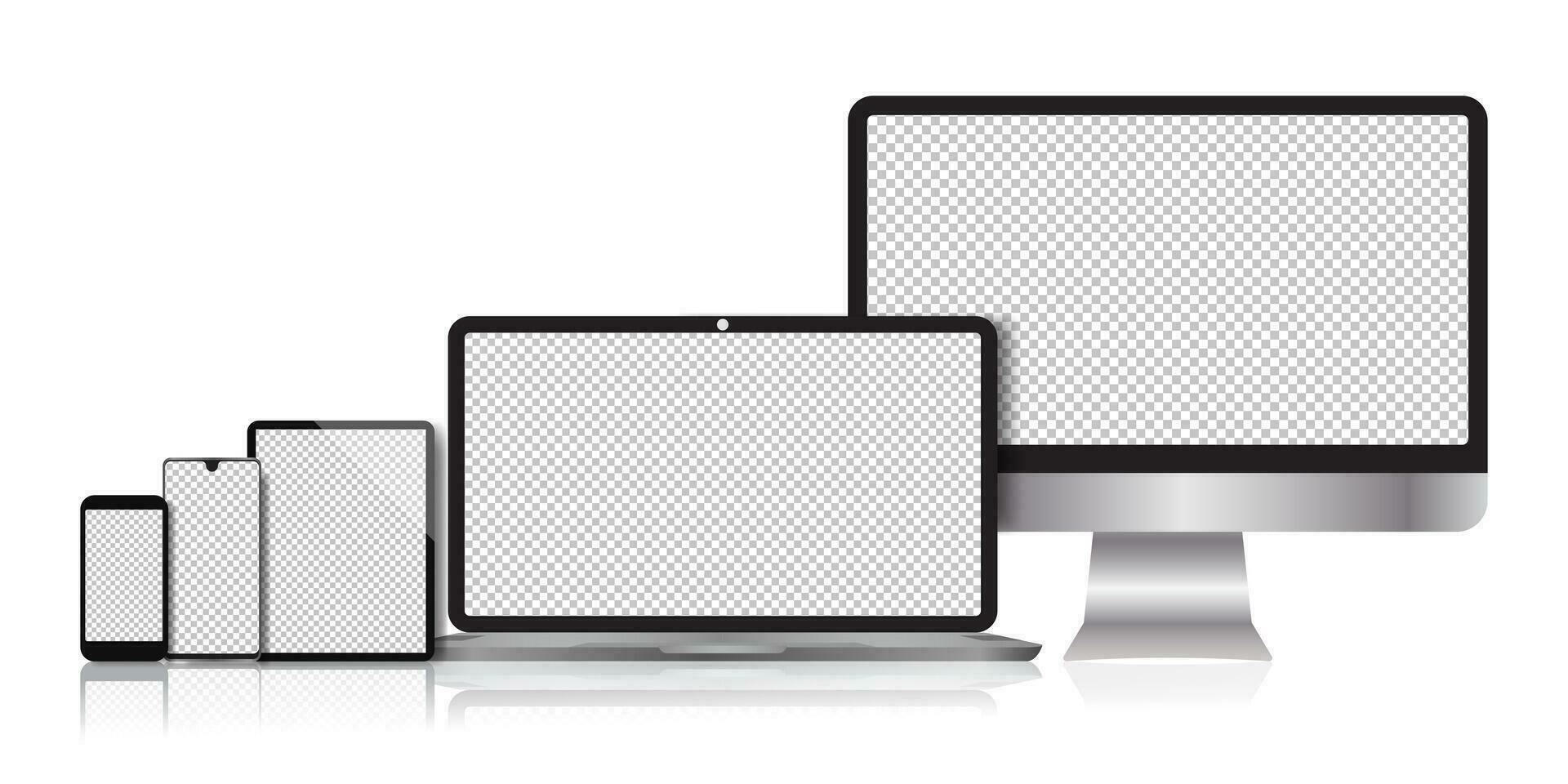 Realistic electronic devices - computer monitors, desktops, laptops, tablets, smartphones, mobile phones, telephones. Vector illustration element