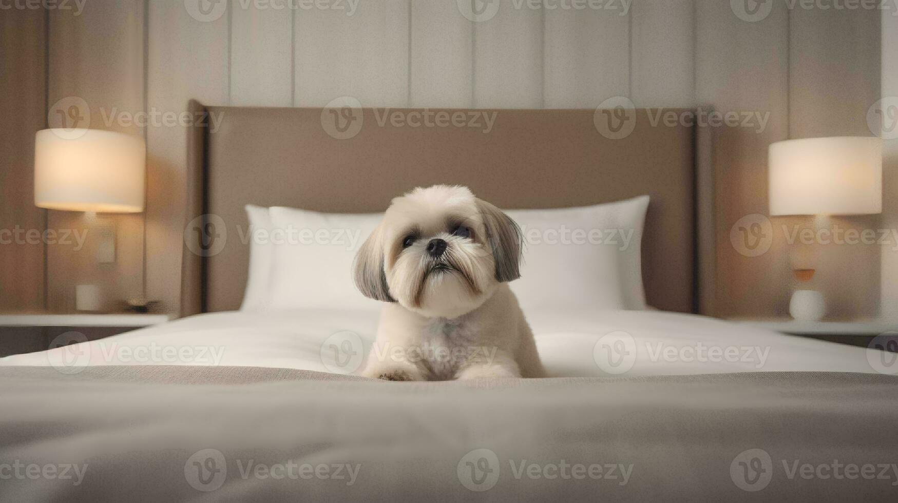 Shih tzu dog lying on bed in hotel with contemporary interior design. Generative AI photo