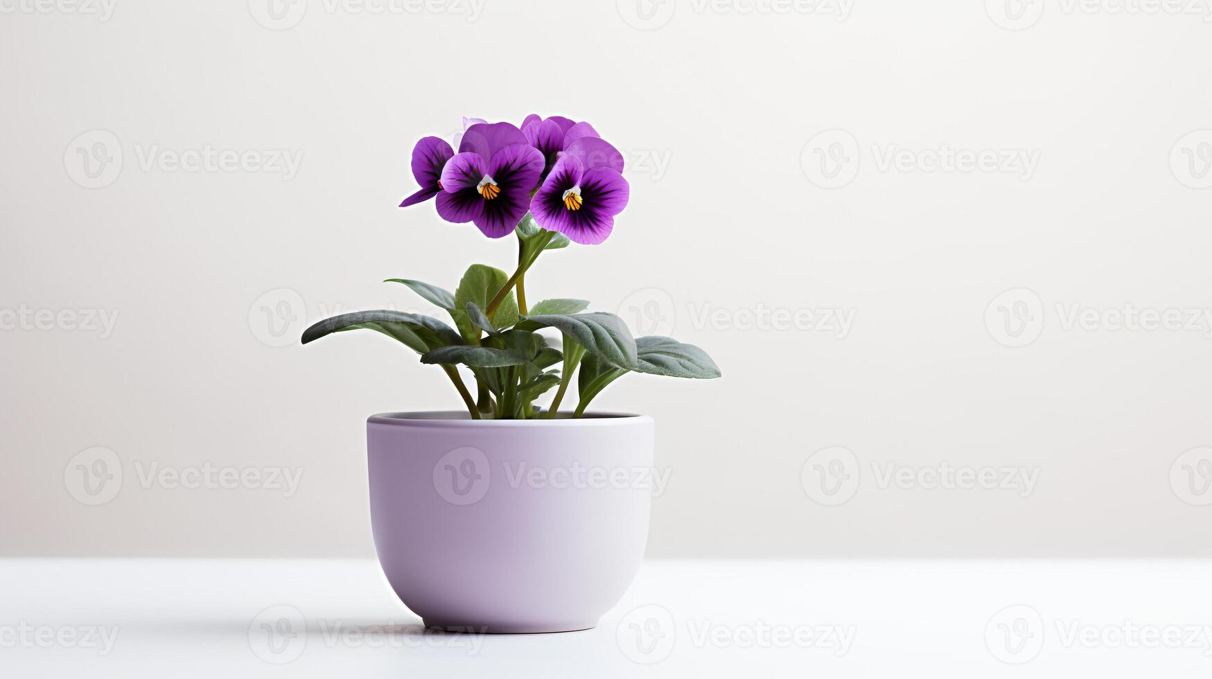 Photo of Violet flower in minimalist pot as houseplant for home decoration isolated on white background. Generative AI