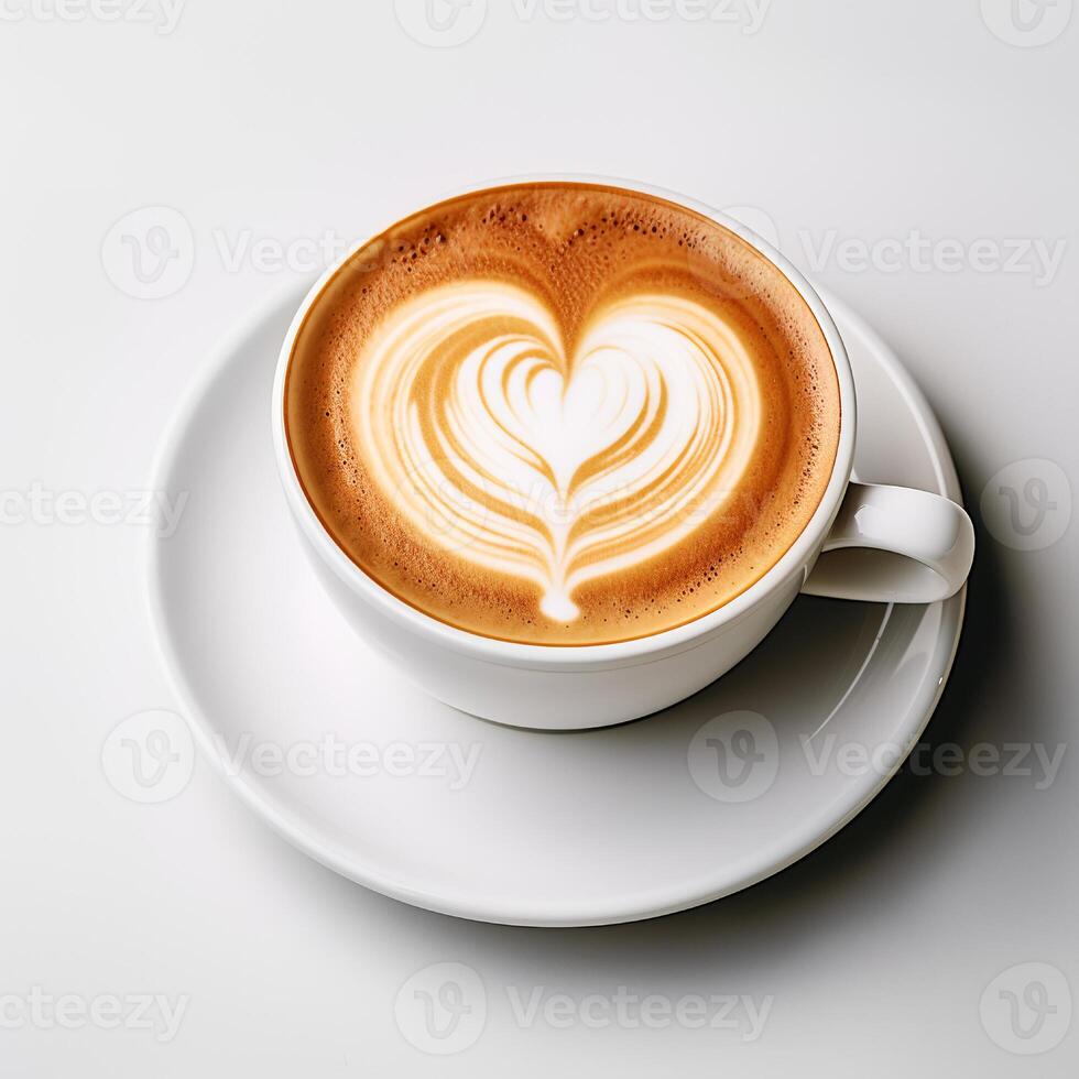 Food photography of A cup latte with love art isolated on white background. photo