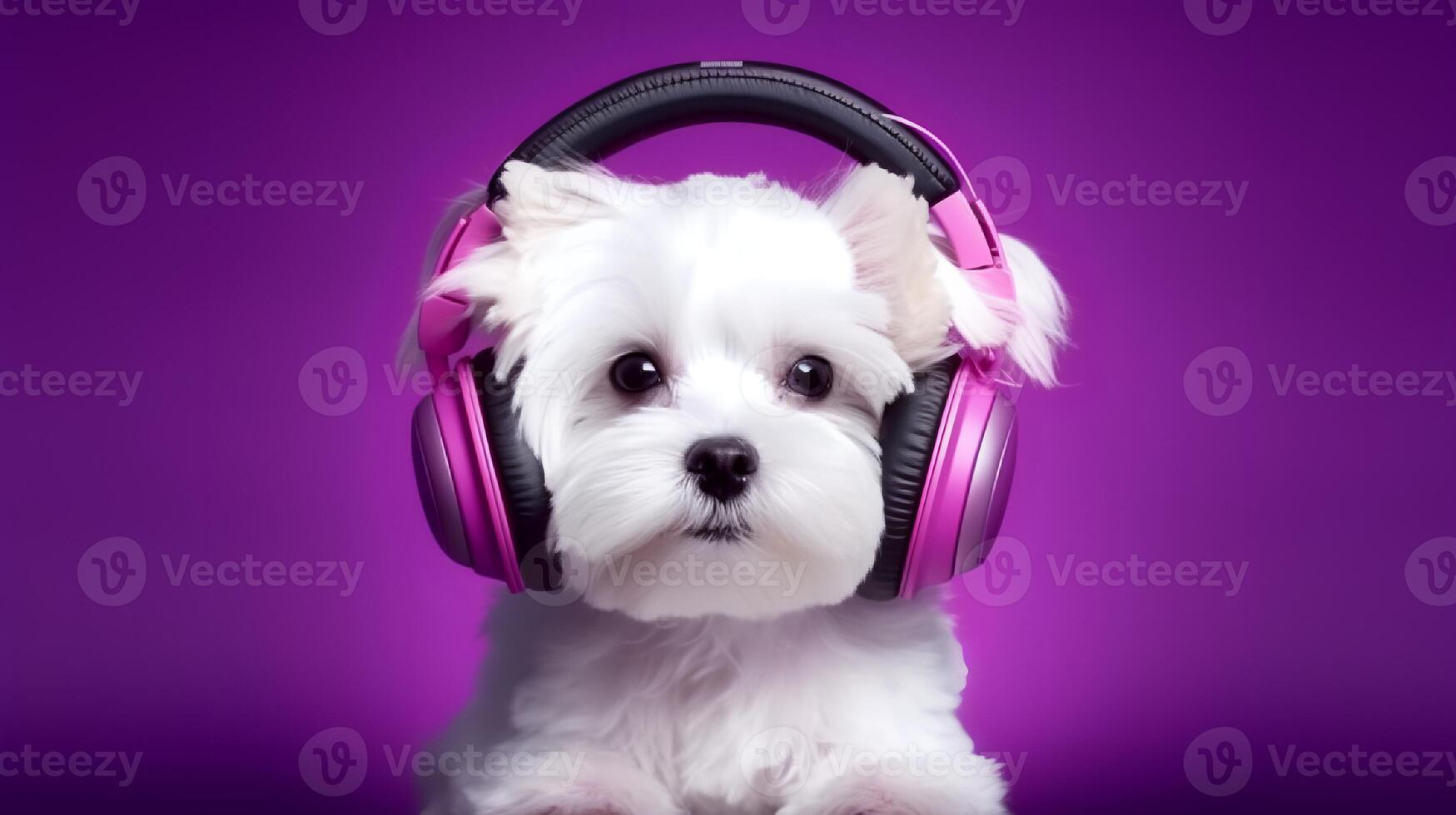 Photo of maltese using headphone  on purple background