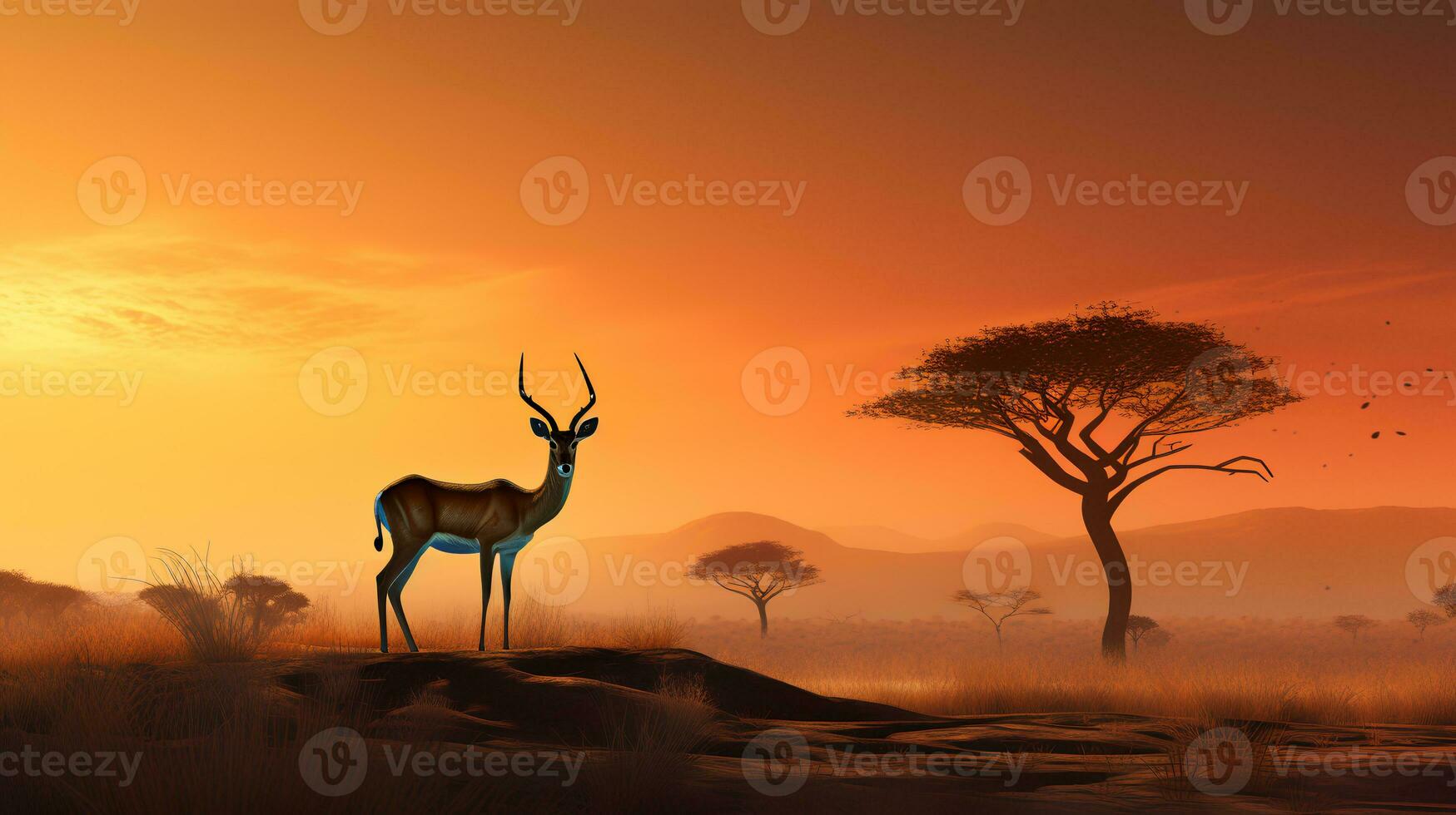 Photo of Impala on savanna at sunset. Generative AI