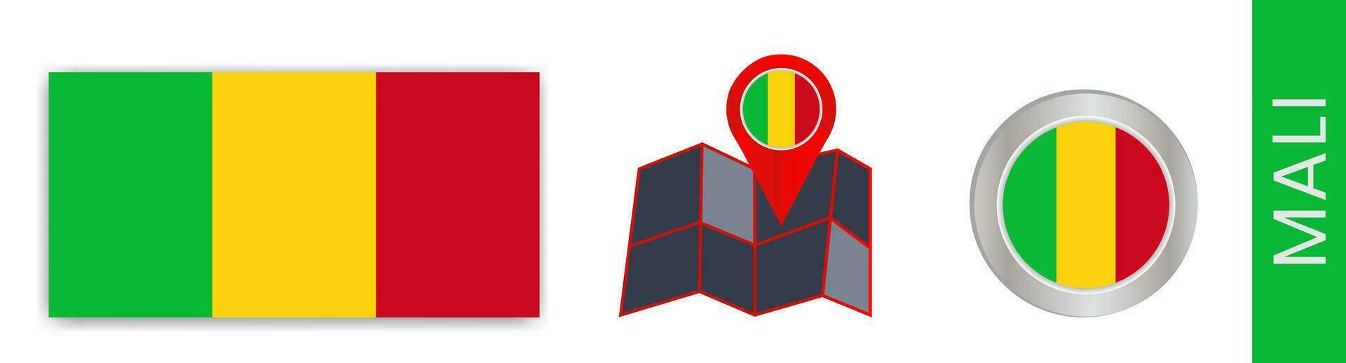 Collection of Mali national flags isolated in official colors and Mali map icons with country flags. vector