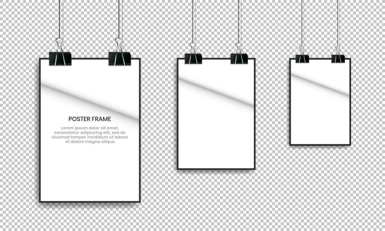 Blank white poster hanging with binder clips. vector