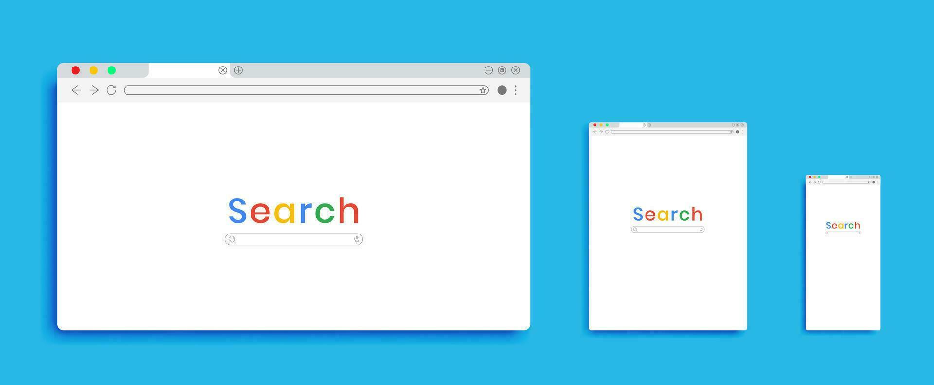 Three Browser window and Search bar, Browser in flat style for website vector