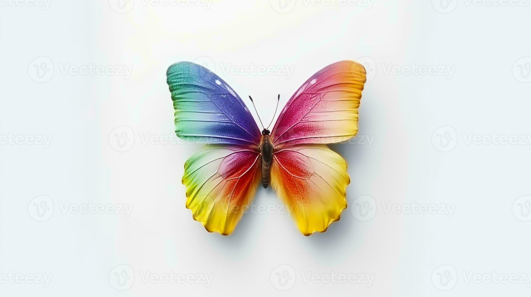 Photo of a rainbow butterfly on white background. Generative AI