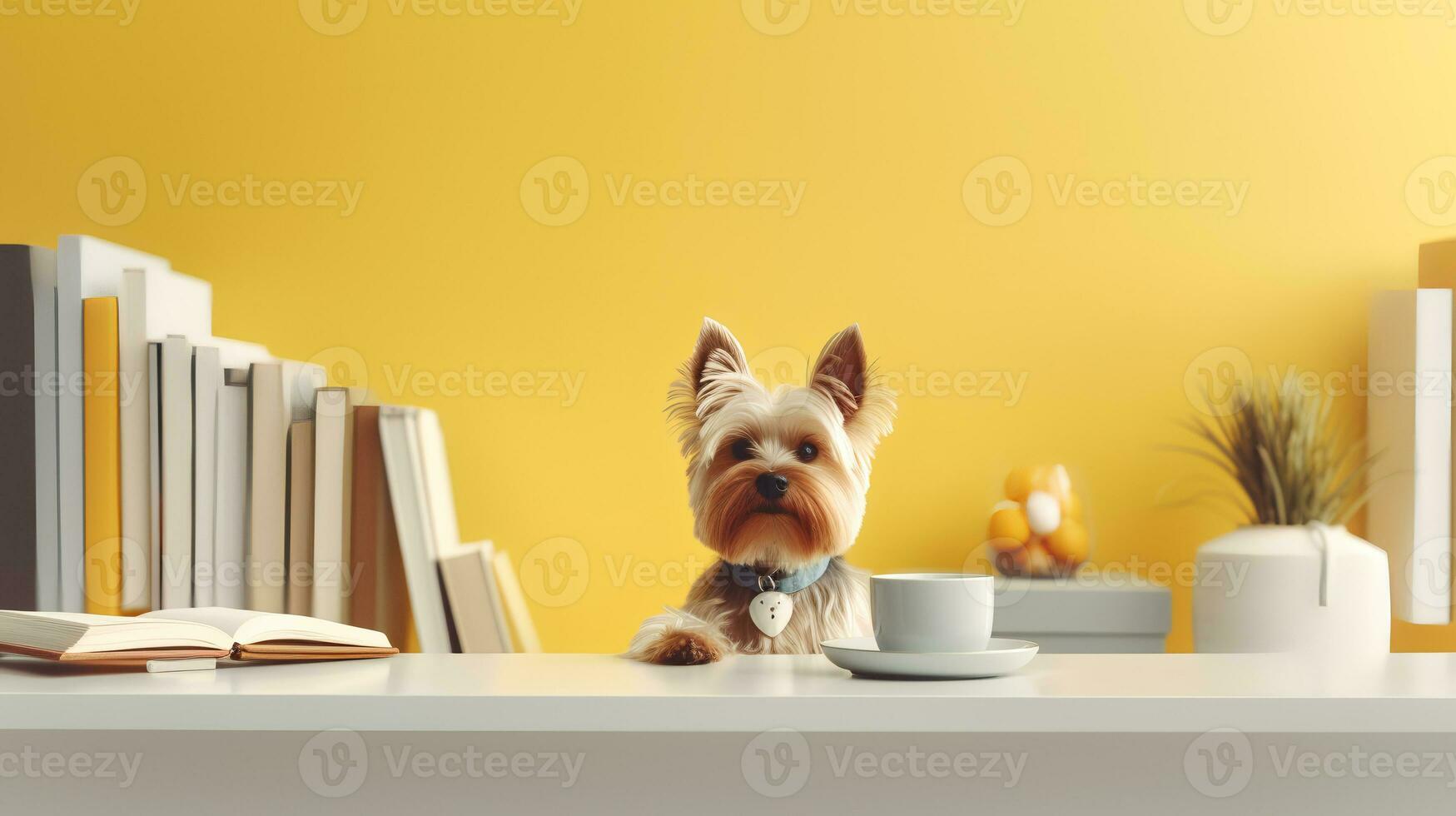 a yorkshire terrier dog in a yellow sweater sits studying accompanied by a cup and piles of books. Generative AI photo