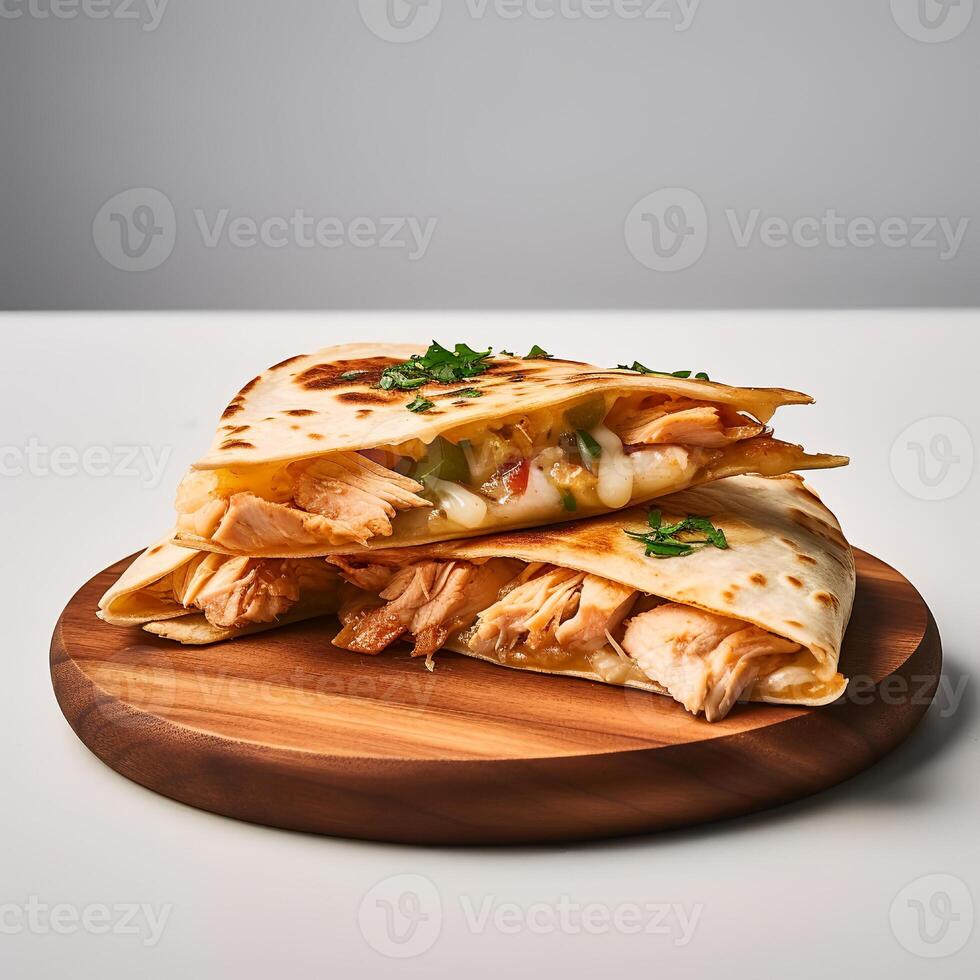 Photo of Chicken Quesadilla on wooden board isolated on white background. Created by Generative AI