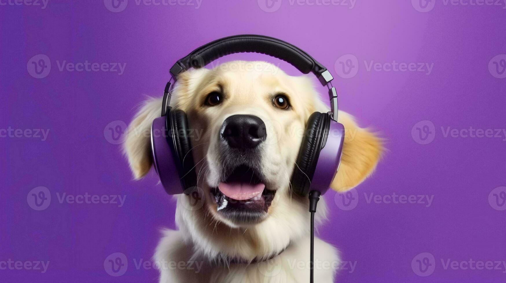 Photo of golden retriever using headphone  on purple background. Generative AI