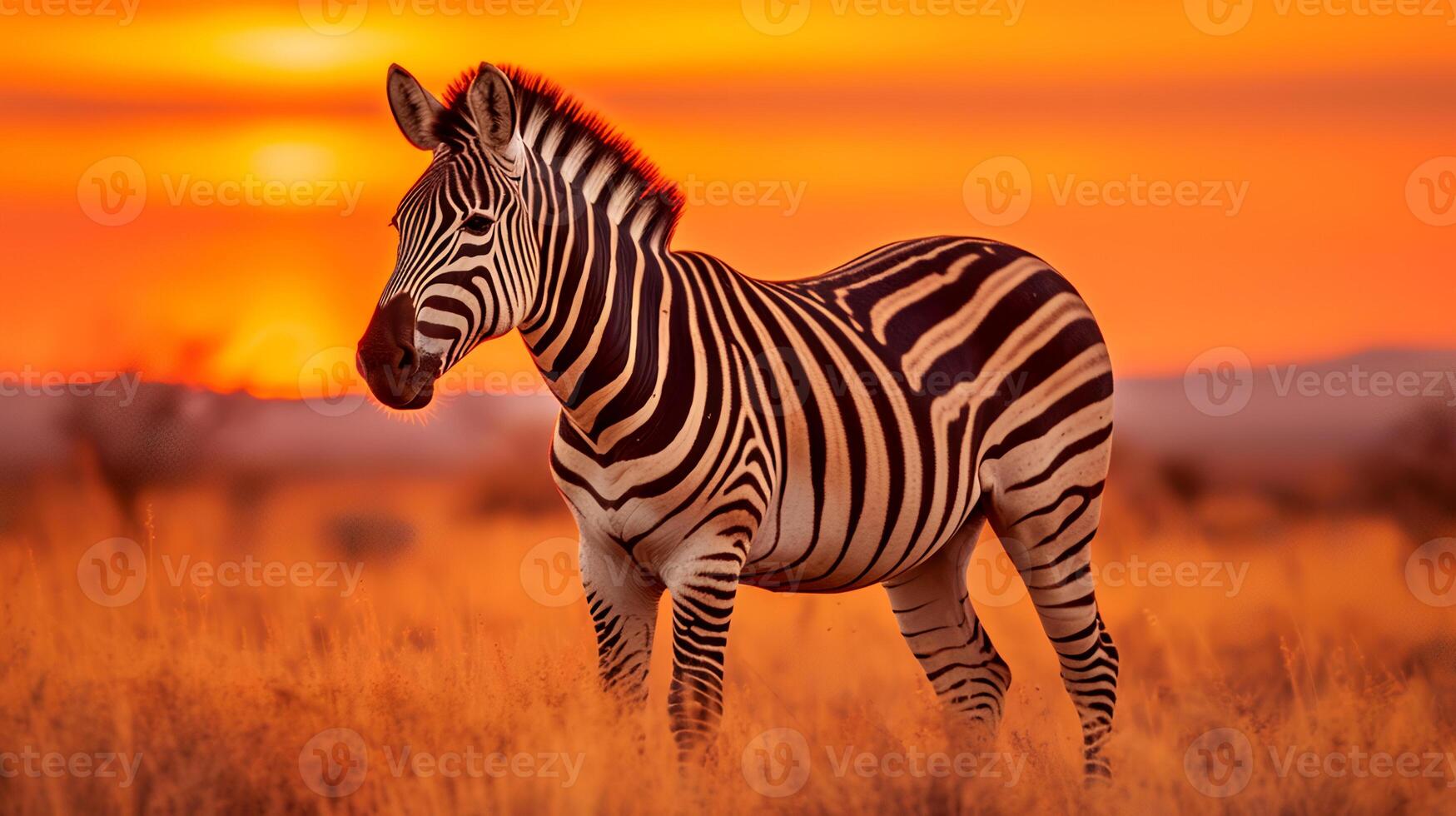 Photo of zebra on savanna at sunset.
