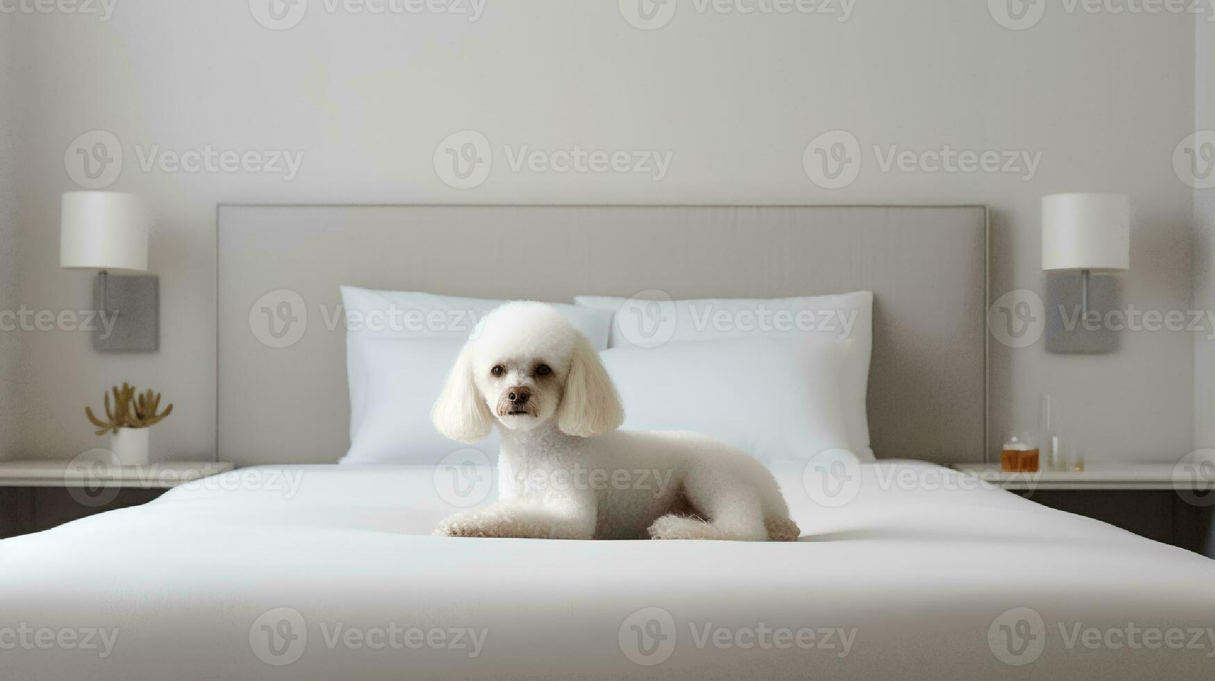 caniche perro acostado en cama en hotel con contemporáneo interior diseño. generativo ai foto