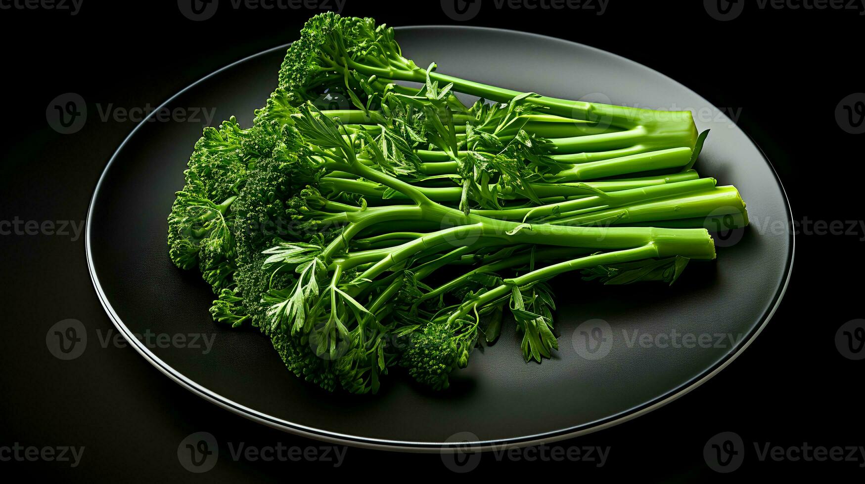 Photo of Broccolini on plate isolated on black background