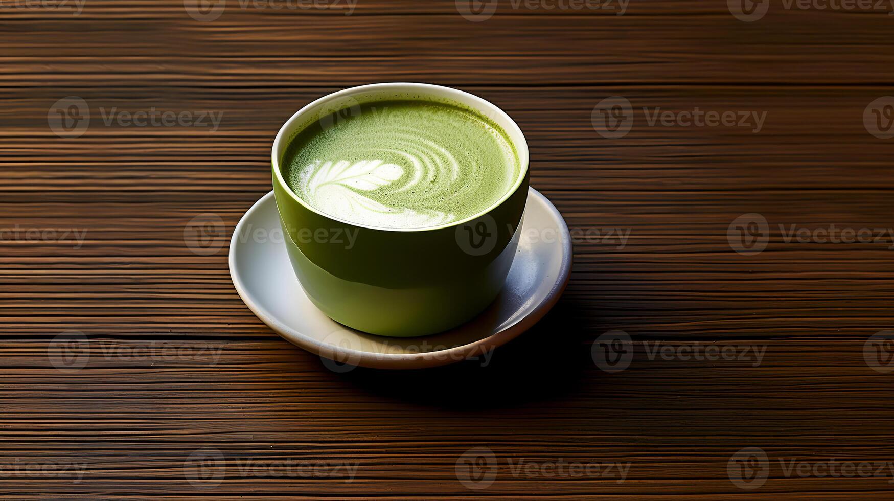 Food photography of matcha latte on wooden table. Generative AI photo