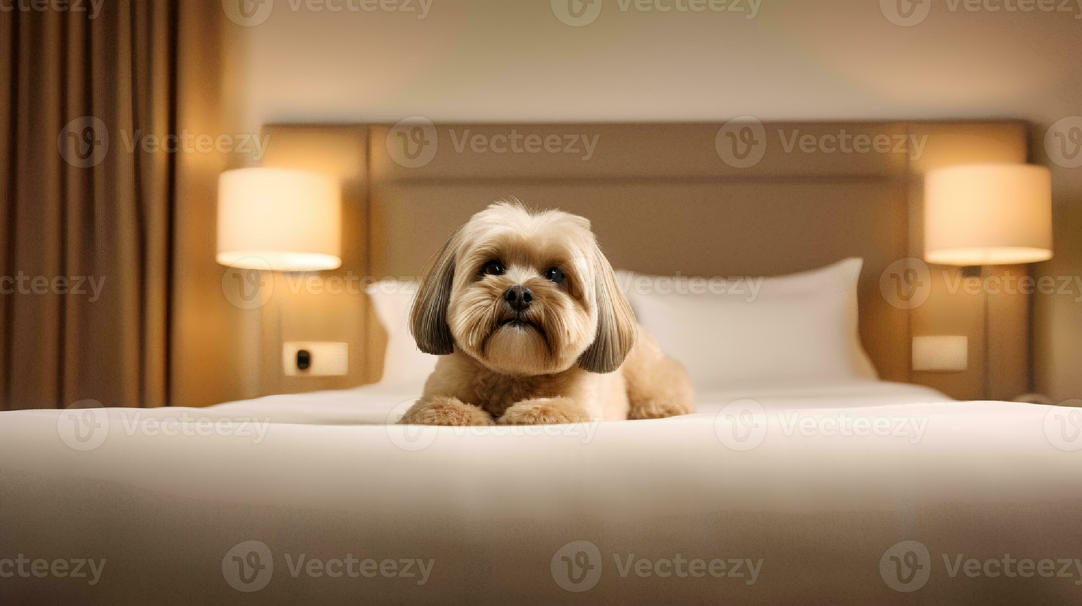 Lhasa apso dog lying on bed in hotel with contemporary interior design