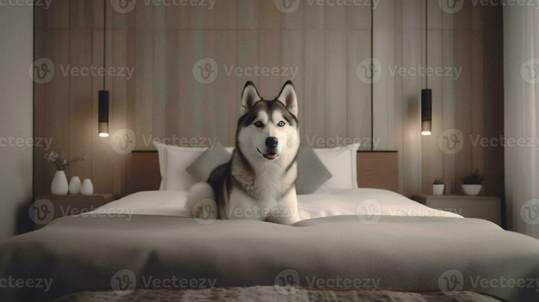 Siberian husky dog lying on bed in hotel with contemporary interior design. Generative AI photo
