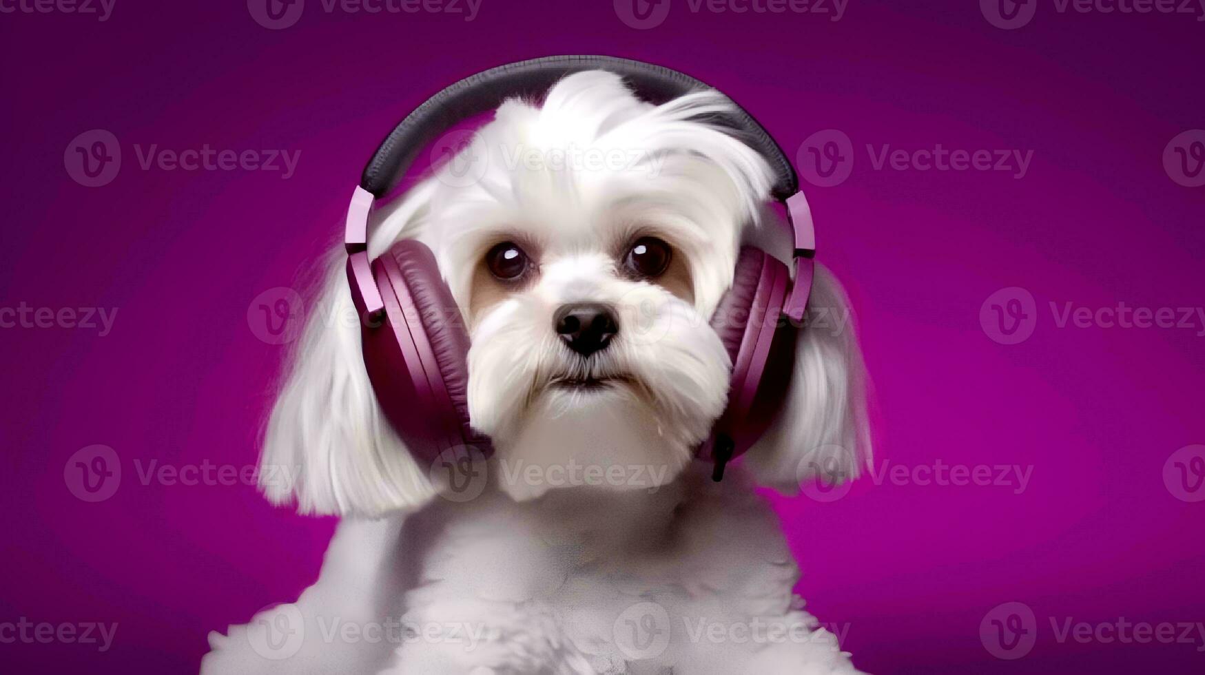 Photo of lhasa apso using headphone  on purple background. Generative AI